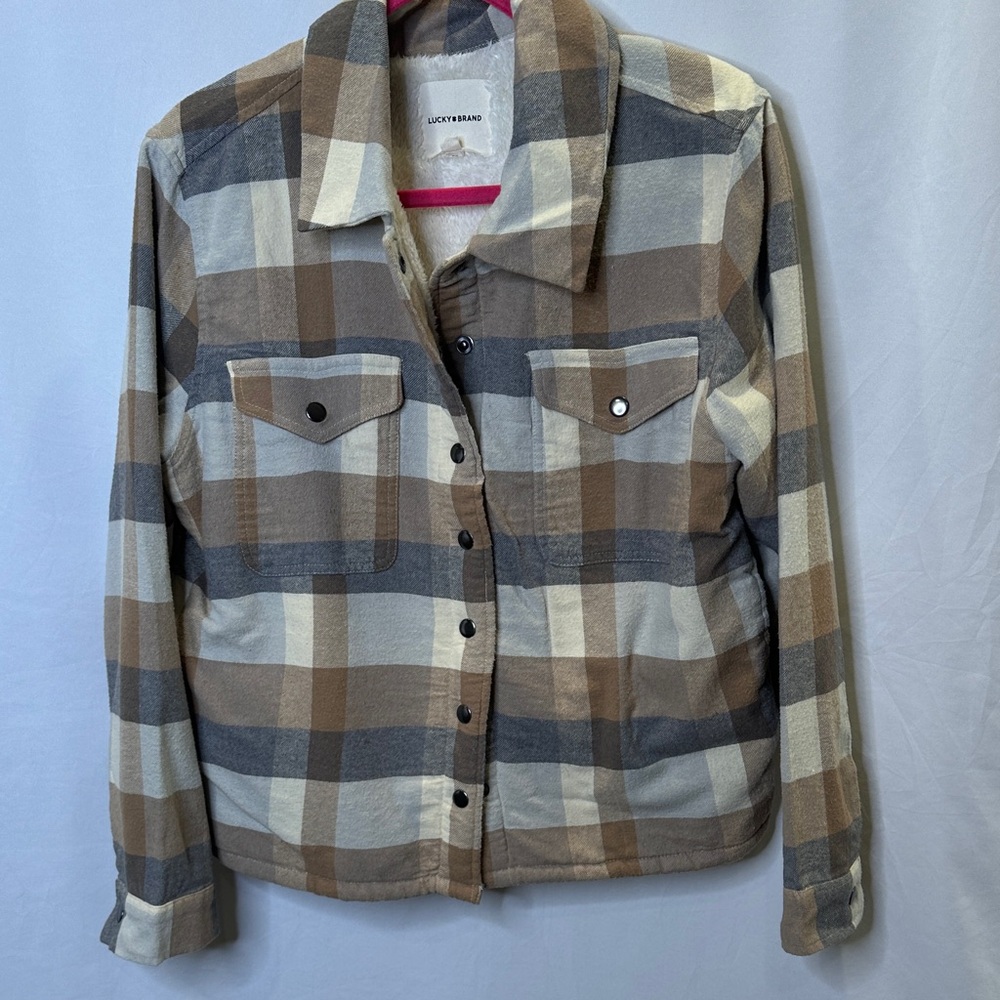 Lucky Brand plaid flannel shacket with fuzzy lining.  Size M